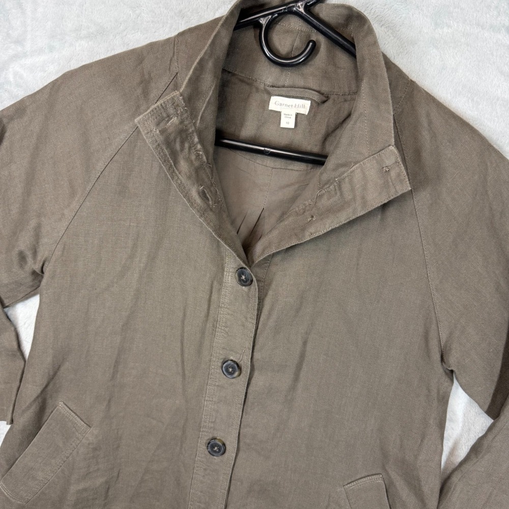 Garnet Hill Women Brown 100% Linen Cotton Lined Button Front Car Coat Size 10